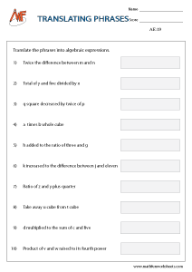 Algebraic Expressions Worksheet