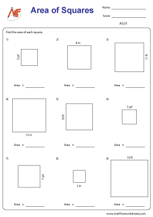 Area of Squares Worksheets