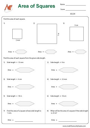 Area of squares worksheets
