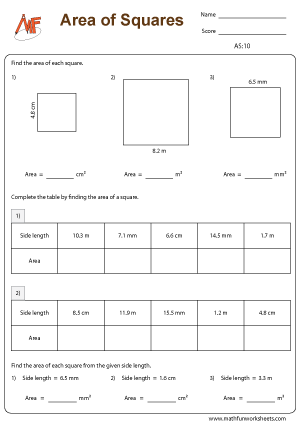 Area of squares worksheets