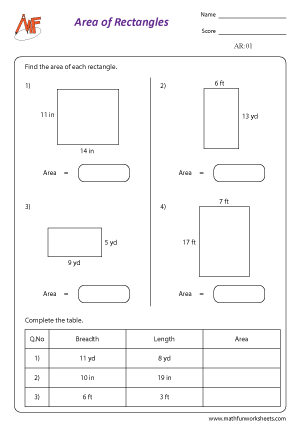 Area of Rectangles Worksheets