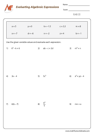 Evaluating Algebraic Expressions Worksheets