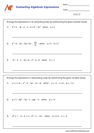 Evaluating Algebraic Expressions Worksheets