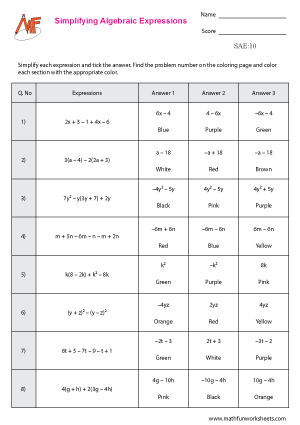 Simplifying Algebraic Expressions Worksheets