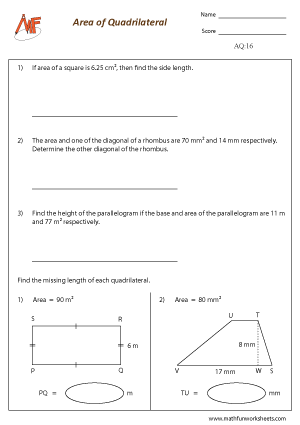 Area of Quadrilaterals Worksheets