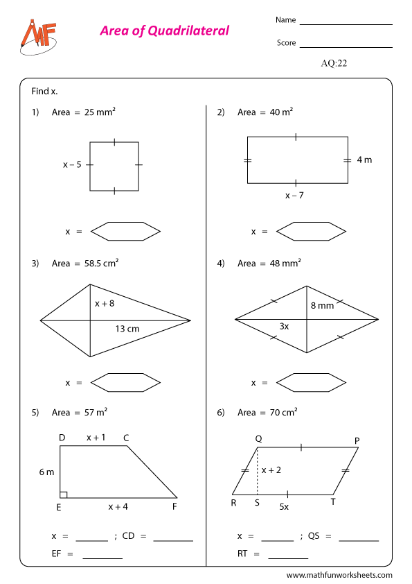 Area of Quadrilaterals Worksheets