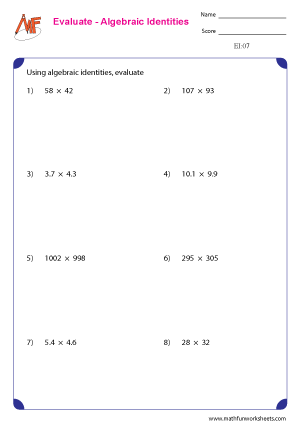 Evaluate Algebraic Identities Worksheets