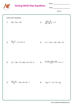Multi Step Equation Worksheets