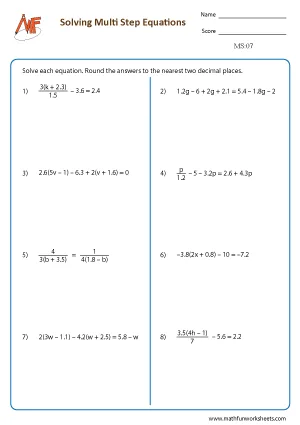 Multi Step Equation Worksheets