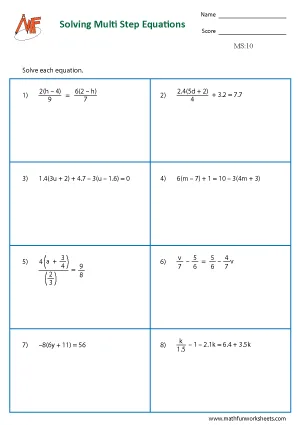 Multi Step Equation Worksheets