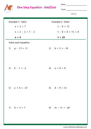 One Step Equation Worksheets