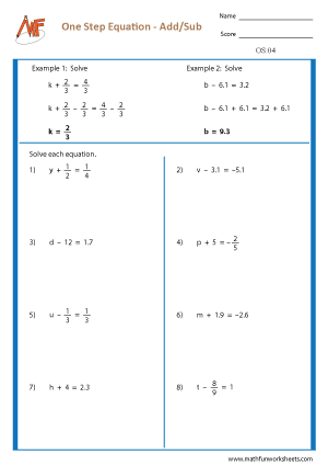 One Step Equation Worksheets
