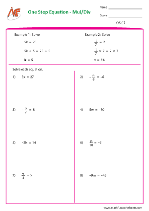 One Step Equation Worksheets