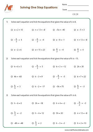 One Step Equation Worksheets