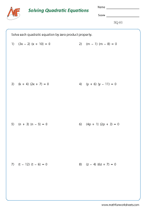 Solving Quadratic Equation Worksheets