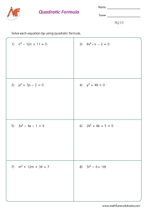 Solving Quadratic Equation Worksheets