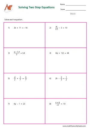 Two Step Equation Worksheets