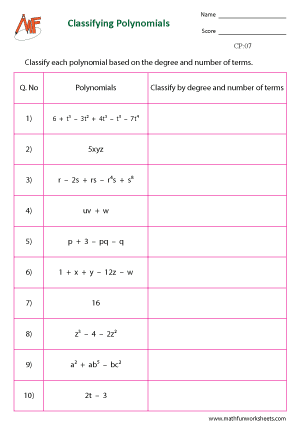 Classifying Polynomials Worksheets