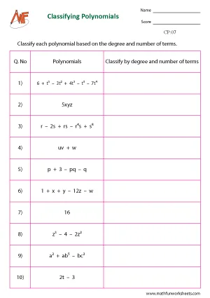 Classifying Polynomials Worksheets