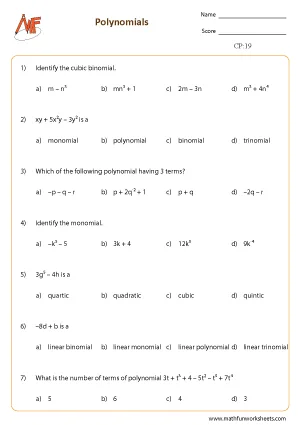 Classifying Polynomials Worksheets