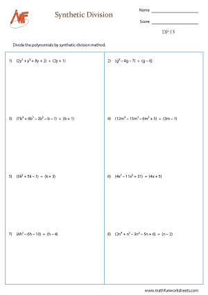 Dividing Polynomials Worksheets