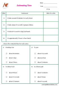 Estimating time and money Worksheets