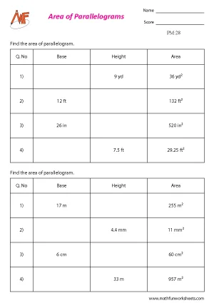 Parallelogram Worksheets