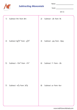 Subtracting Polynomials Worksheets