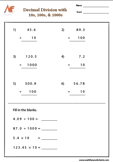 Dividing Decimals Worksheets