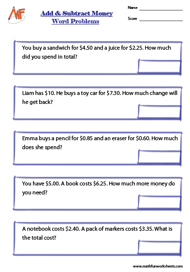 Money Word Problems Worksheets