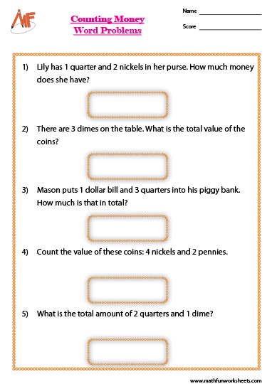 Money Word Problems Worksheets