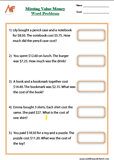 Money Word Problems Worksheets