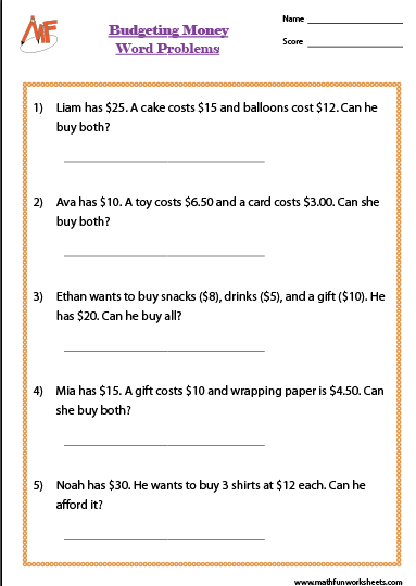 Money Word Problems Worksheets