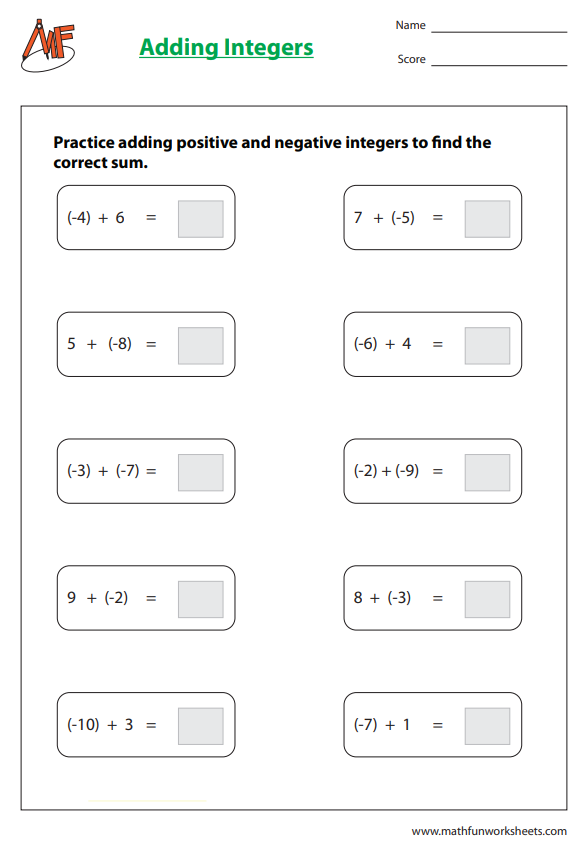 Integer Worksheets