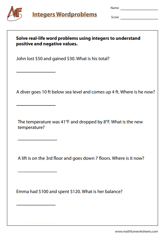Integer Worksheets