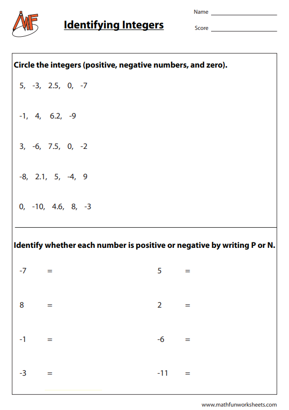Integer Worksheets