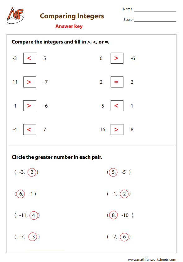 Integer Worksheets