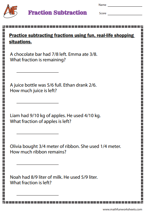 Fraction Subtraction Word Problems