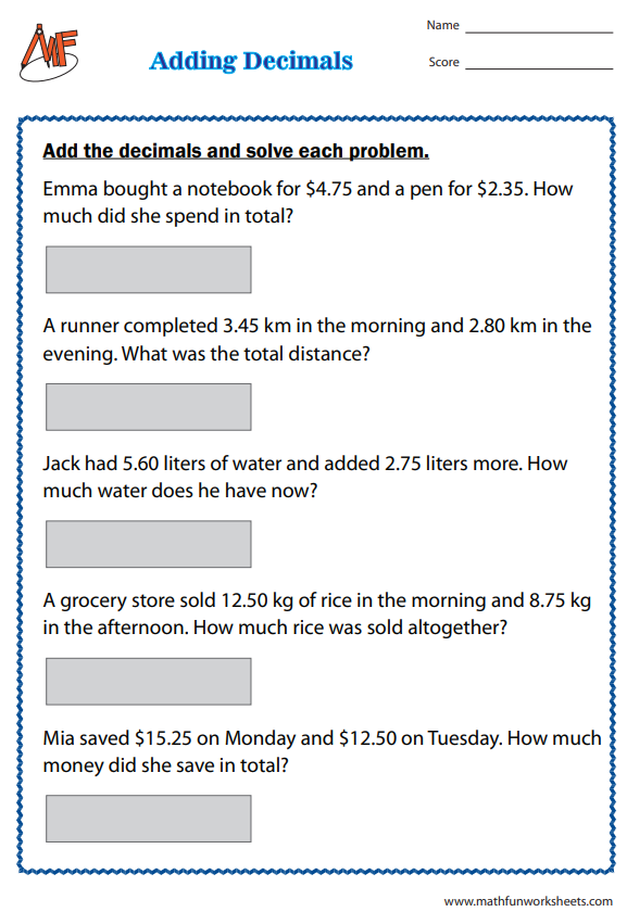 Decimal Word Problems Worksheets