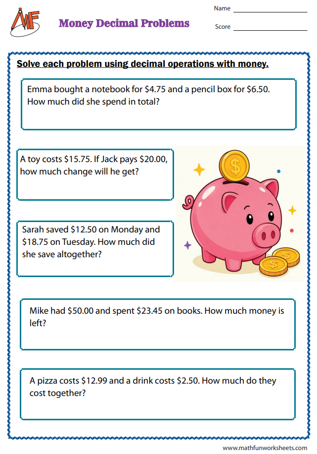 Decimal Word Problems Worksheets