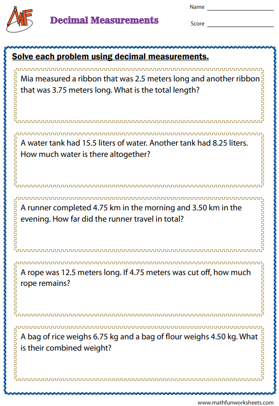 Decimal Word Problems Worksheets