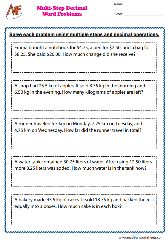 Decimal Word Problems Worksheets
