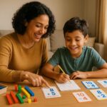 Parent helping a child learn math at home using a printable worksheet.