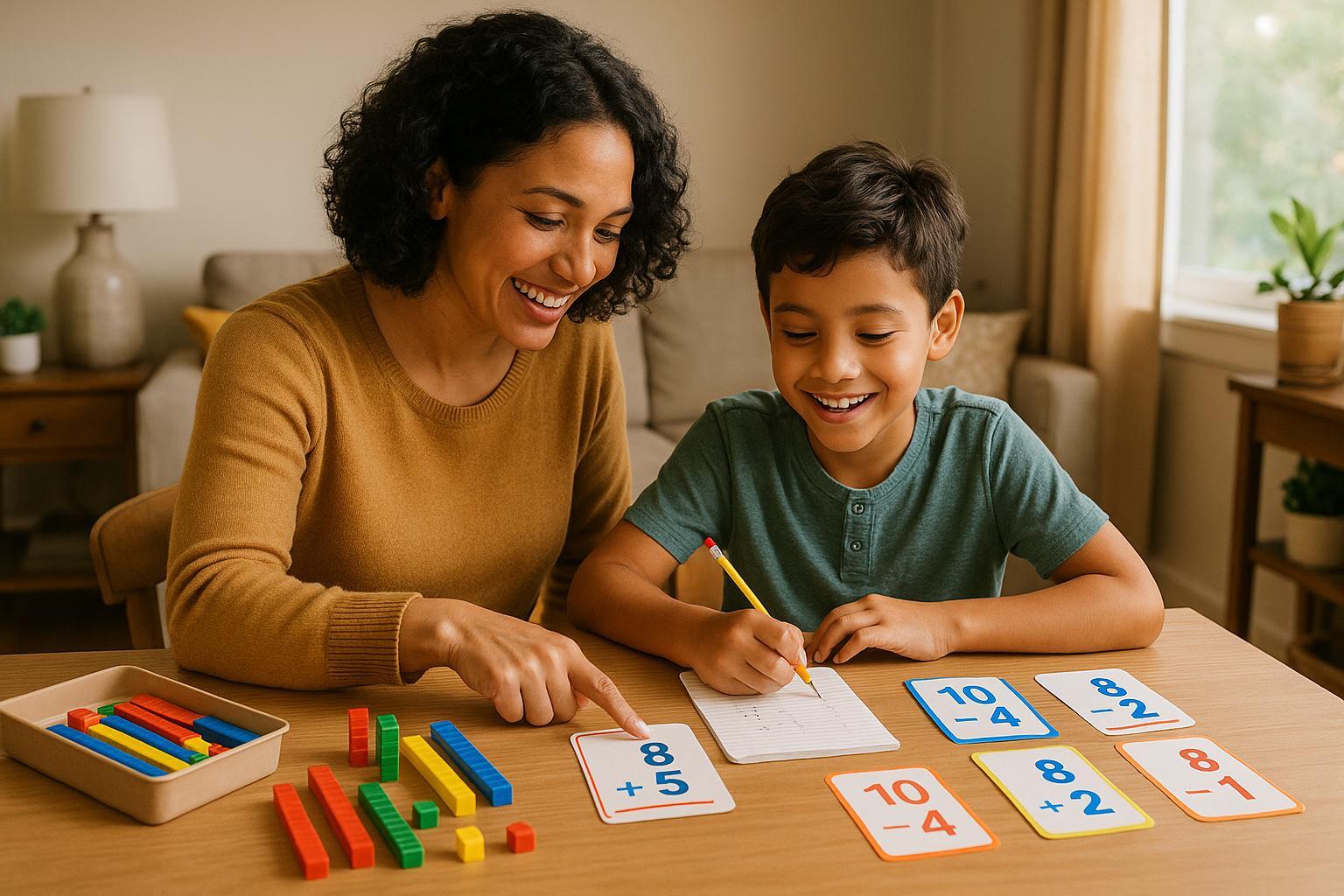 Parent helping a child learn math at home using a printable worksheet.