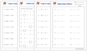 Horizontal Number Addition Worksheets